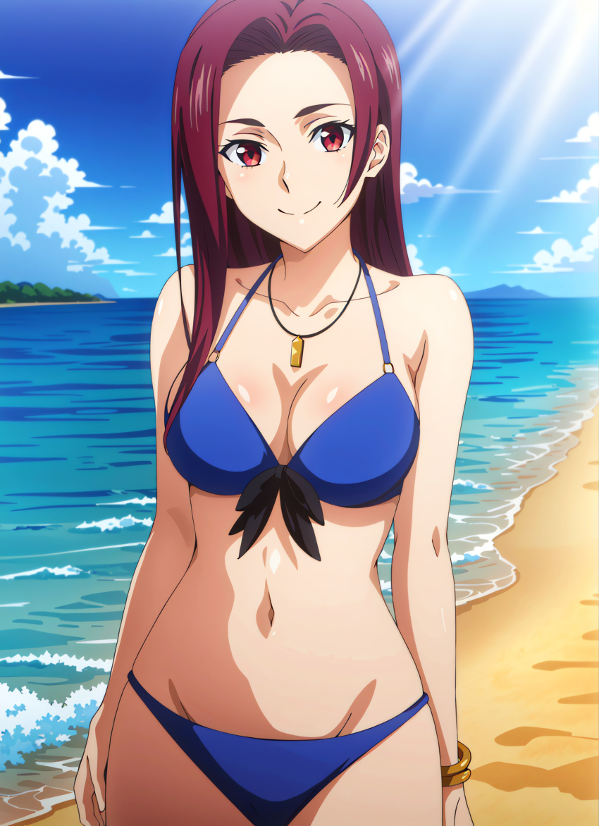 1 msichana anayevutia miguu_wazi ufuo matiti makubwa ya bikini kupasua_(msanii) magenta_nywele_macho mekundu sakaki_ryouko shokugeki_no_souma