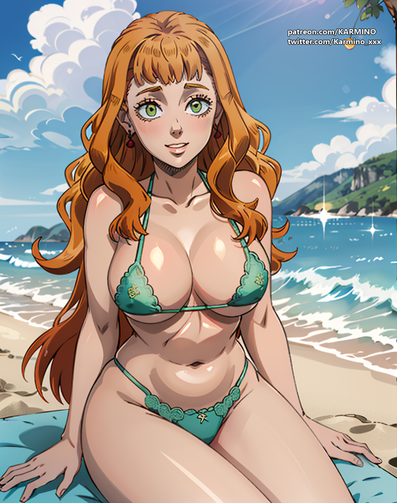 msichana 1 ai_art ai_generated anime_style beach big_breast bikini black_clover kijani_macho mimosa_vermillion chungwa_nywele nje sexy_body white_ngozi