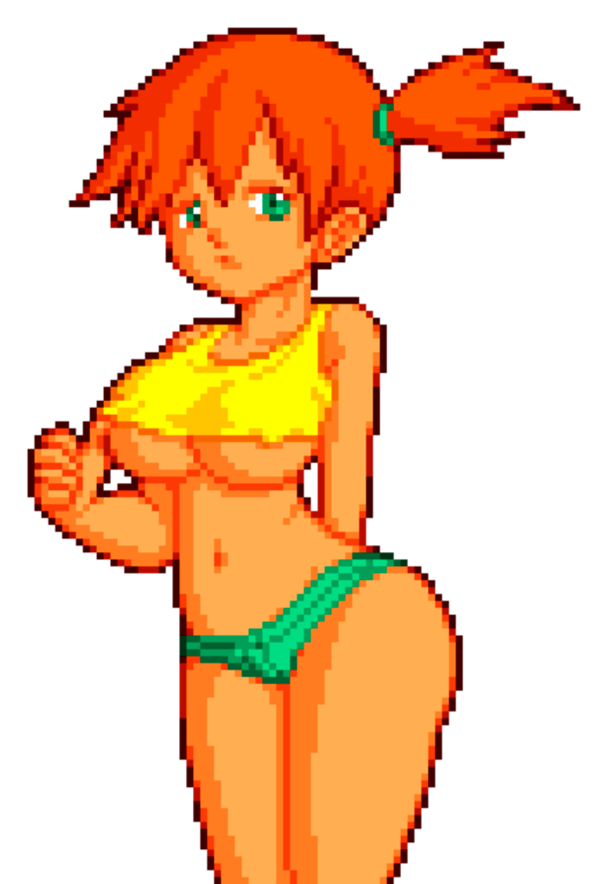 big_breasts viumbe_(kampuni) female_focus game_freak green_eyes gym_leader humbird0 kasumi_(pokemon) misty_(pokemon) navel Nintendo orange_hair pixel_art pokemon_(anime) shati short_shorts side_ponytail simple_background transparent_back