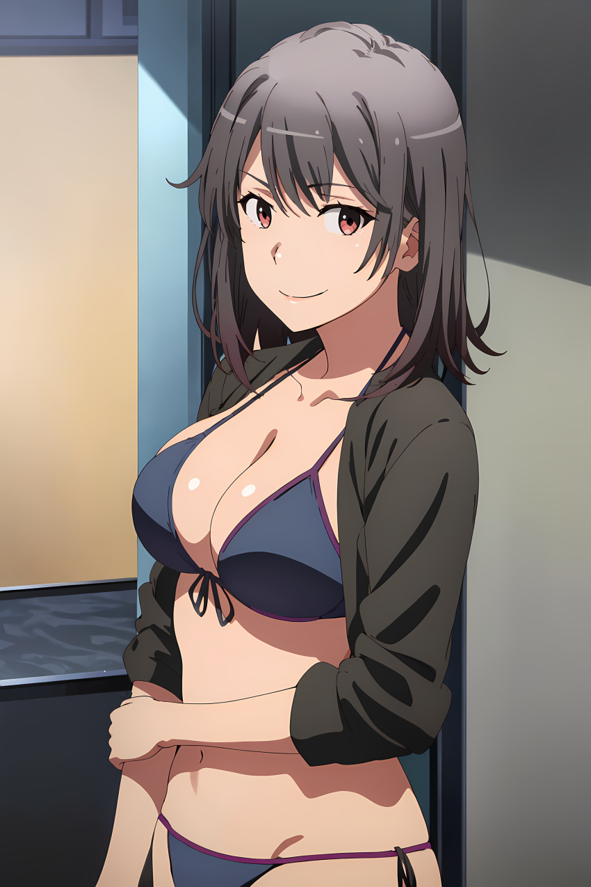 1girl alluring kubwa_breasts bikini black_hair cleavage grin magenta_eyes nios wazi_shirt silf yahari_ore_no_seishun_lovecome_wa_machigatteiru. Yukinoshita_haruno