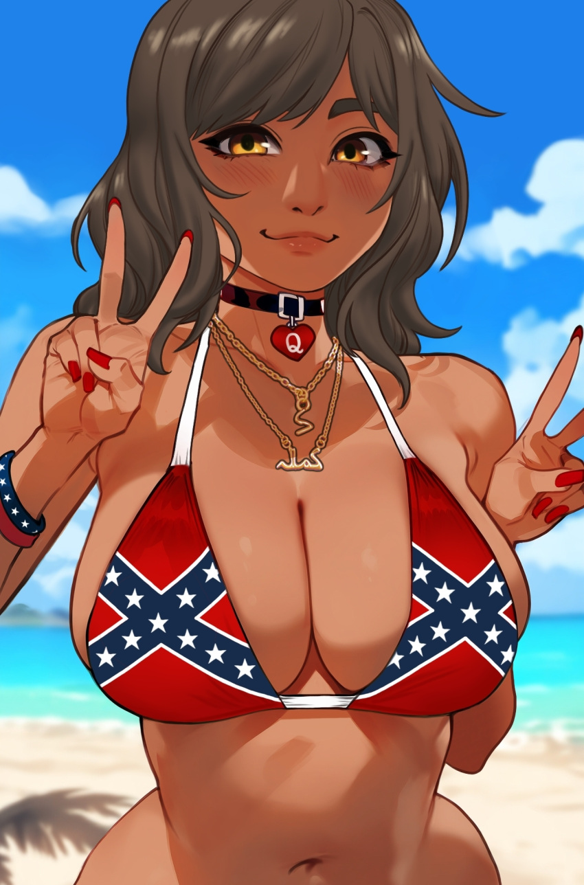 1girl Beach Big_breasts bikini_top brown_eyes brown_hair brown_skin choker choker_necklaces confederate_flag giza-ngozi_female mara mbili_v ts red_nails tabasamu superheroine