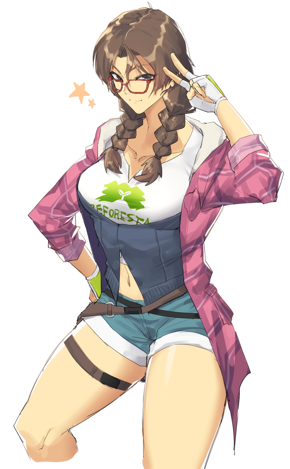 1girl alluring ukanda big_breasts braid brown_eyes brown_hair collarbone mazao_legs denim denim_shorts vidole_gloves glavu nywele_over_shoulder mkono_on_ip_hip high_res hood_down hoodie houjoh_ (7th-heaven) JULIA_CHAMANT_VIEWOOL Loose Open_holishee sehemu_unzipped pink_hoodie plaid_hoodie red-framemed_yewear shati fupi_shorts shorts sketch sketle t-shirt tekken tekken_7 tekken_8 tekken_tag_tournament_2 thigh_strap mapaja twin_braids v nyeupe_gloves
